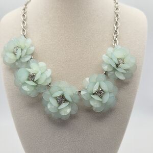 Elegant Floral Necklace in Mint Green and Silver With Rhinestones